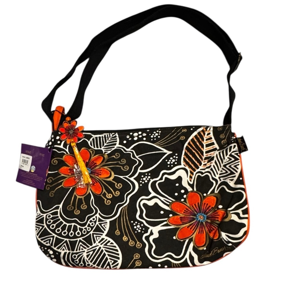 Laurel Burch Black and Orange Canvas Shoulder Bag with Floral Embellishments